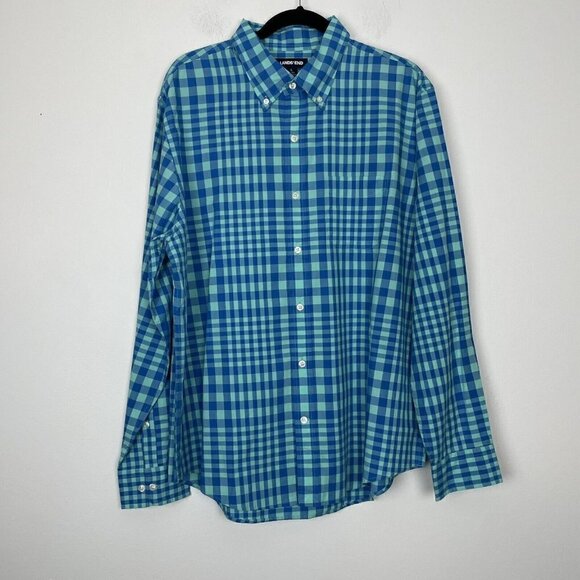 Lands End Men’s Blue Plaid Long Sleeve Button Up Shirt Traditional Fit Large - Picture 1 of 4